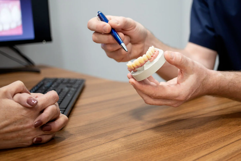 Clinic director showing an example dental mould